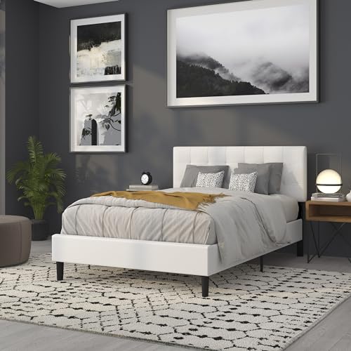 Bedford Box Stitch Tufted Upholstered Full Size Headboard in White Fabric