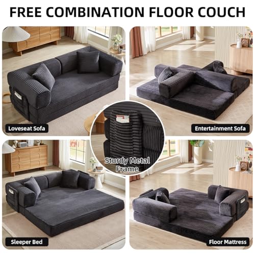 81 Inch Convertible Futon Sofa Bed,Fold Out Floor Sofa Couch with Fixed-Shape Frame,Corduroy Foldable Mattress Pull-Out Couches for Living Room (Dark Grey)