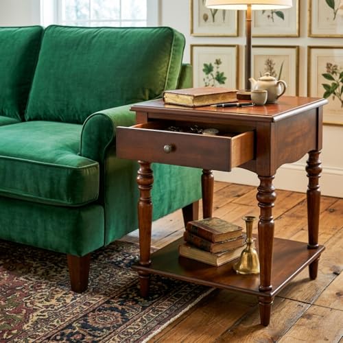 End Table with Drawer and Storage Shelf, Solid Wood Sofa Side Table, Square Beside Table, Telephone Table for Living Room,18.9"L x 18.9"W x 24"H, No-Tools Assembly, Caramel Brown BZ-C008-DR