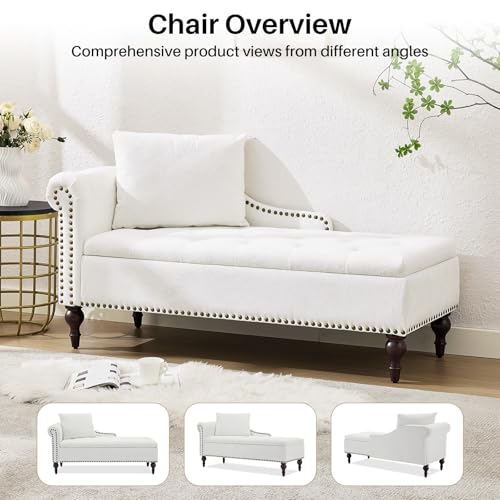 Velvet Chaise Lounge with Storage & Left Armrest, White, view 7