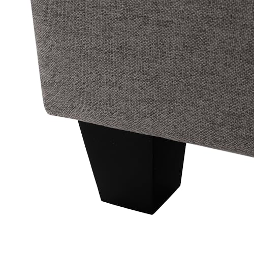 Grey fabric upholstered footstool ottoman with birch wood legs, view 7