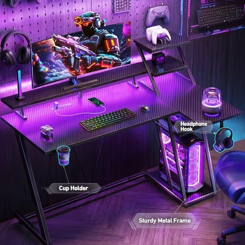 40 Inch Gaming Desk with LED & Power Outlet, Carbon Fiber Black, view 7