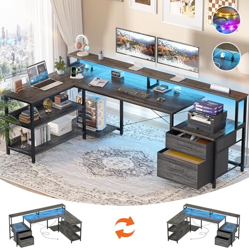 L Shaped Desk with Power Outlet, Reversible L Shaped Computer Desk with File Drawer & Monitor Stand, Gaming Desks with LED Strip, Home Office Desks with Storage Shelf, Grey Oak