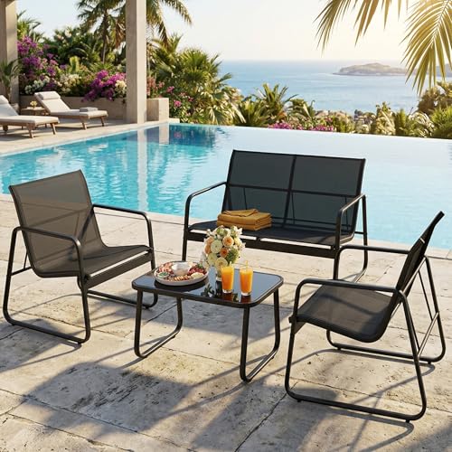 4 Piece Patio Furniture Set, Outdoor Patio Furniture with Loveseat and 2 Single Chairs, Bistro Table and Chairs Set for Backyard, Balcony, Lawn,Black