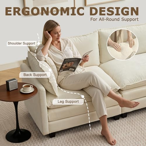 113β Modular Sectional Sofa, L Shaped Cloud Couch with Movable Ottoman, Comfy Chenille Deep Seat Sofa with Throw Pillows, 4 Seat Modern Couches for Living Room Bedroom Apartment, Beige