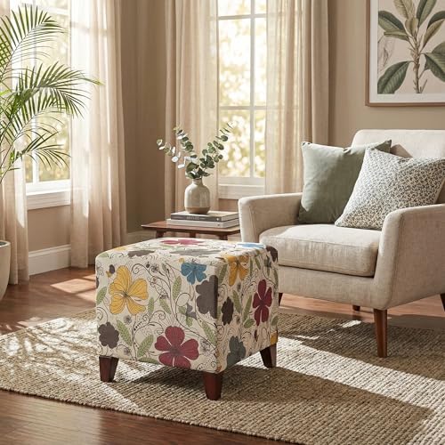 16.3" Square Cube Ottoman Footrest, Modern Floral Linen Fabric Foot Stool with Solid Wood Legs, Decorative Upholstered Shoe Bench for Living Room, Bedroom & Entryway - Colorful Printing