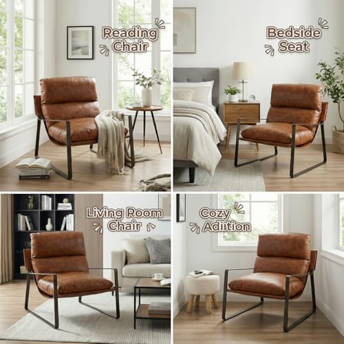 Modern PU Leather Accent Armchair, Upholstered Lounge Chair with Brass Metal Frame Thickened Cushion Comfy Leisure Chair with Lychee Grain for Bedroom Living Room, Brown
