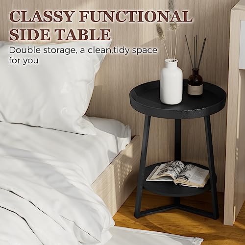 Round End Table with Storage Shelf, 2 Tier Farmhouse Side Table Nightstand for Living Room, Bedroom, Wood Tabletop & Black Metal Frame, Black 15.7 * 15.7 * 23.0inches