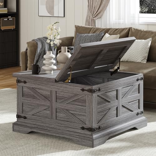 Farmhouse Coffee Table with Storage, Square Center Table for Living Room, Rustic, Hinged Lift Top Soft Close, Wood, Large Hidden Storage, Modern, Metal Corner, Grey