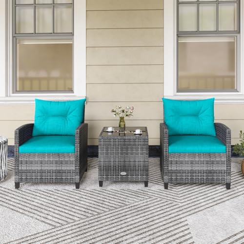 3 Piece Patio Furniture Set, Outdoor PE Rattan Conversation Set with Washable Cushions & Tempered Glass Tabletop, Wicker Chairs and Table Set for Porch, Garden, Balcony (Turquoise)