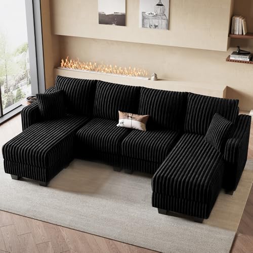 U Shaped Couch with Reversible Chaises Sectional Couches for Living Room Sectional Couch with Ottomans Corduroy (Black, U Shaped)