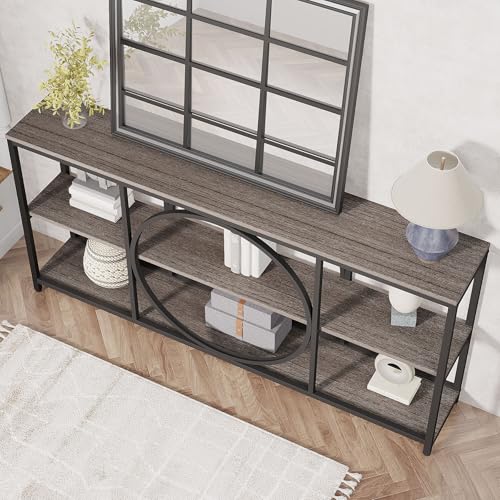 Tribesigns 70.9 inch Sofa Console Table, Extra Long Narrow Entryway Tables with 3 Tier Wood Storage Shelves Metal Frame for Foyer Hallway Living Room Behind Couch, Black Rustic Gray