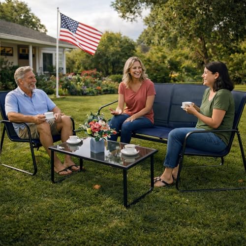 Sofia 4-Piece Patio Conversation Set, Outdoor Furniture Set with Loveseat, 2 Chairs & Table, Breathable Textilene Seating, Powder-Coated Metal Frame, All-Weather for Balcony Backyard Navy Blue