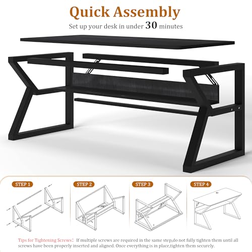 47 inch Computer Desk with Storage Shelf, K-Shaped Office Desk with Sturdy Metal Frame, Writing Gaming Work Desk with Waterproof Surface for Home Office & Bedroom, Black