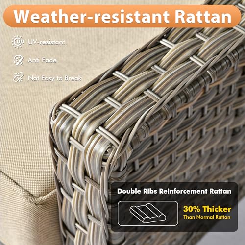 10 PCS Outdoor Patio Furniture Sets, Patio Conversation Sets Outside Rattan Soft Cushion Sofa with 4 Wicker Rocking Chairs & 54 in Fire Pit Table Fit Backyard Porch Garden Poolside Balcony,Beige