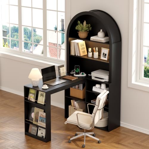 L Shaped Arched Desk with Hutch, Home Office Writing Desk (Black), view 2