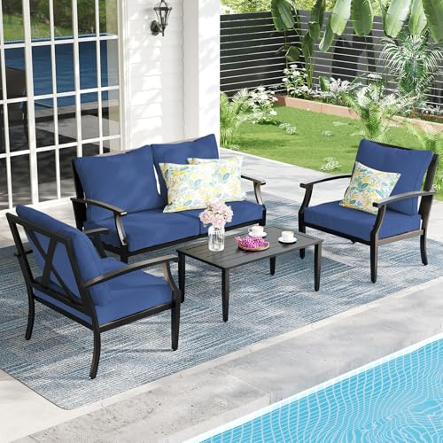 4-Piece Patio Furniture Set, Wider Outdoor Metal Seating Sofa with High Back & Loveseat, Coffee Table, All Weather Metal Conversation Set for Backyard, Poolside, Deck-Navy