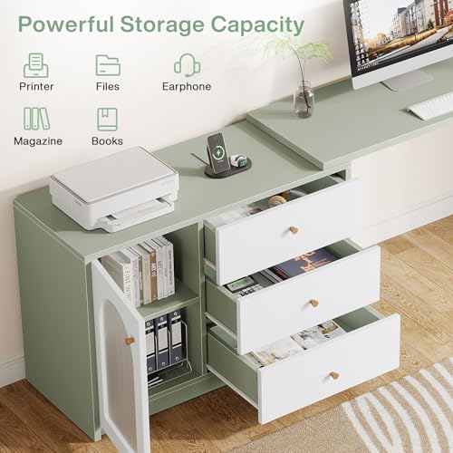 Tribesigns L-Shaped Computer Desk with Drawers, Modern Corner Home Office Desk with Reversible Storage Cabinet, Long Study Writing Desk Workstation for Home Office, Cyan & White
