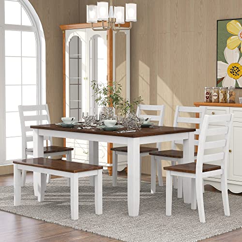 Modern 6 Piece Dining Table Set for 6, Farmhouse Wooden Rectangular Kitchen Table Set with 4 Chairs & a Bench, Kitchen Room Furniture Set (Walnut + Cottage White)