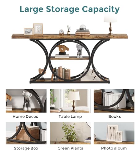 63 in Console Table for Entryway, 3-Tier Sofa Table, Brown/Black | Behind Couch Table with Metal Frame, Low Storage Shelves for Hallway, Living Room, Rustic Industrial Style