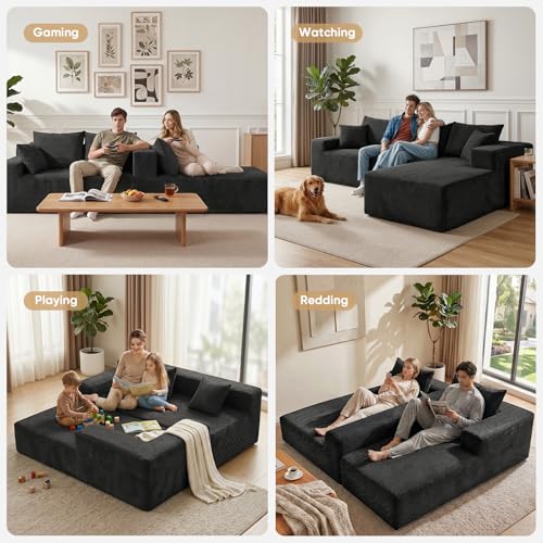 103" L Shaped Sectional Boneless Couch for Living Room, Modular Cloud Sofa | Modern Comfy Deep Seat Memory Foam Couch in Box, No Assembly, Right Facing Chaise (1CM Wide Striped Corduroy, Black)