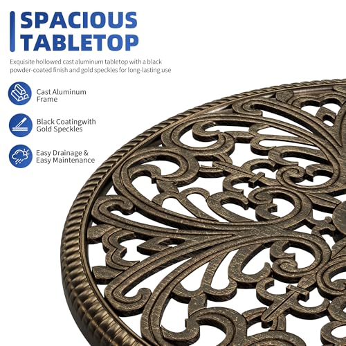 Patio 23''Cast Aluminum Side Table with Umbrella Hole,Outdoor Small Coffee Tables,Anti-Rust Bistro Table,Round End Table,Outdoor Furniture for Indoor,Patio,Garden,Porch,Balcony,Retro Bronze