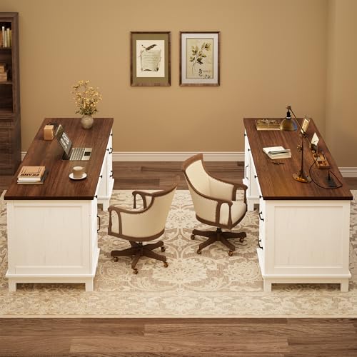 60" Wooden Home Office Desk with File Drawers, Executive Desk with Adjustable Cabinet, Farmhouse Wood Desk with Power Outlet, Distressed Study and Work Table, Rustic White