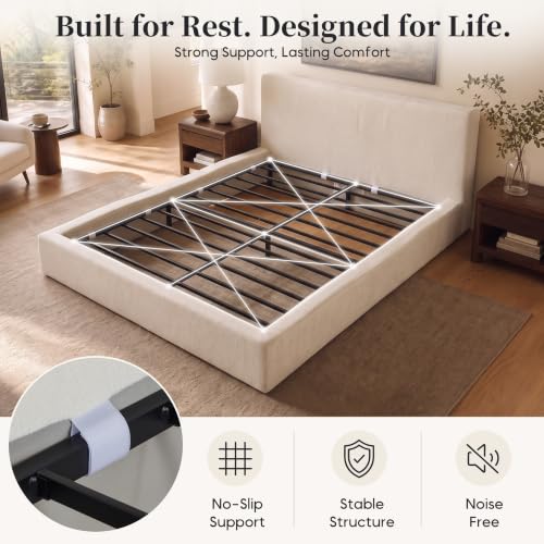 Queen Upholstered Platform Boneless Cloud Bed Frame with Headboard, Beige, view 7