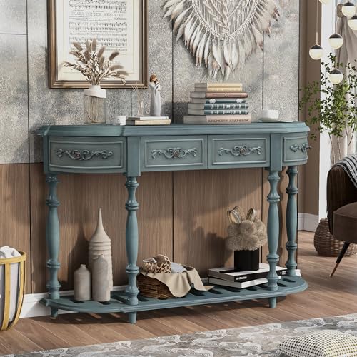 Knocbel Vintage Entry Console Table with 4 Storage Drawers and Open Slatted Shelf, Entryway Hallway Foyer Sofa Table with Legs, Easy Assembly (Antique Blue)
