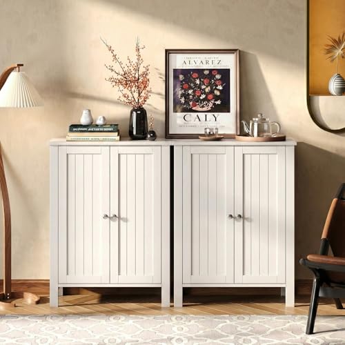 Bonnlo Bathroom Cabinet Free Standing Floor Storage with Double Door Adjustable Shelf Space Saver Decorative Modern Bathroom Furniture White