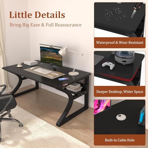 Computer Desk, 55Inch Computer Desk w/Storage Shelves, Home Office Desks w/U Shaped Metal Frame, Study Writing Desk w/Cable Management, Deeper & Thicker Desktop Table for Home Office (55inch/Black)
