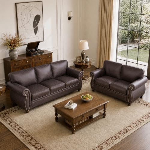 88" W Living Room Furniture Sets, 3-Seater&Loveseat, Brown, view 2