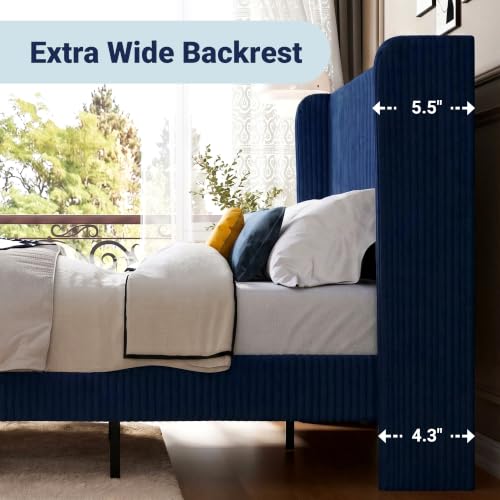 Queen Size Platform Bed with Corduroy Wingback Headboard, Blue, view 8