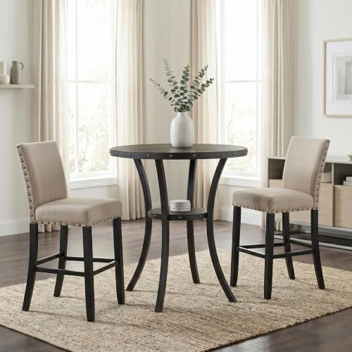 Biony 3 Piece Set - 36" Round Espresso Bar Table with Nail Head Stools, Tan