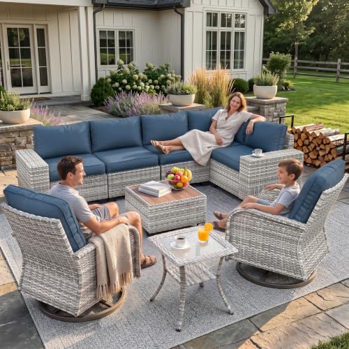 Outdoor Patio Furniture Set PE Wicker Rattan Outdoor Sectional Sofa | Patio Conversation Set with Rocking Swivel Chair, Chunky Arms Coffee Table & Thickened Cushions for Proch 9PCS, Navy Blue