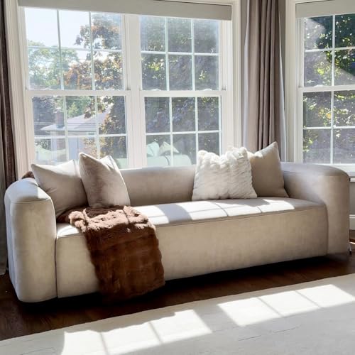 Luxury Modern Tight Curved Back Velvet Sofa, Minimalist Style Comfy Couch for Living Room Apartment, 3 Seater, Cream
