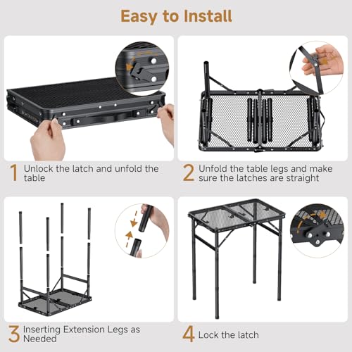 Folding Camping Table, 22" x 15" Picnic Table with 3 Adjustable Height Max 27.5", Matte Black Aluminum Folding Table with Handle for Party, Dining, Garden, Patio, Market (2-Fold Mesh Tabletop)