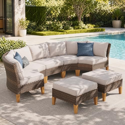 Half Moon Patio Furniture Set 7 Piece Outdoor Sectional Sofa Set, Wicker Patio Conversation Set with 2 Curved Sofa, 1 Armless Chairs, 2 Ottoman for Pool, Deck, Lawn (Beige)