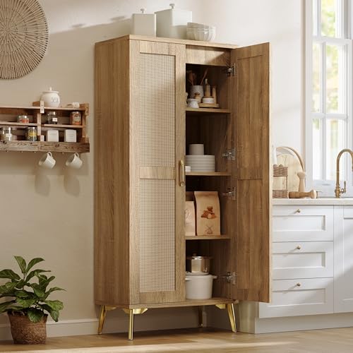Tall Bathroom Storage Cabinet 57" Rattan Pantry Cabinet, Wood | With Doors and Adjustable Shelves, Freestanding Linen Closet & Wardrobe for Bathroom Laundry Bedroom, Anti-Tipping Device