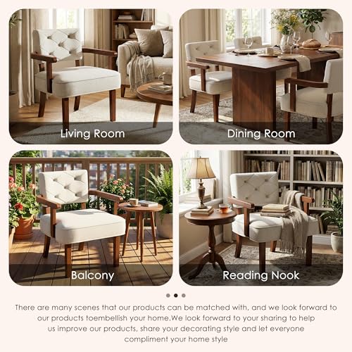 Modern Accent Chairs Set of 2,Butacas para Sala,Mid Century Small Arm Chair,Upholstered Wooden Chairs with Arm Rest,Tufted Backrest,Cushion, for Office,Waiting/Reading/Living Room, Beige