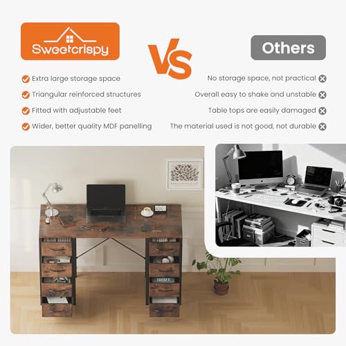 Desk with 8 Fabric Storage Drawers, Computer Office 47 Inch Gaming Writing Study Table with X-Shaped Reinforced Structure for Home Office Bedroom PC Desk, Brown