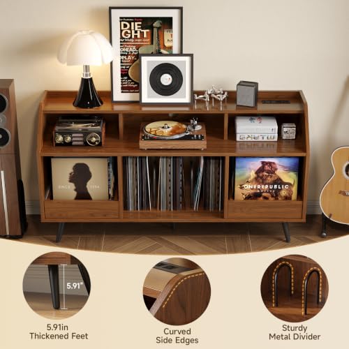 55 Inch Record Player Stand with LED Light, Walnut, view 7