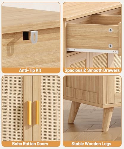 Rattan Sideboard Buffet Cabinet with Storage, 35.4" W Buffet Cabinet with 2 Drawers and 3 Doors, Sideboard Storage Cabinet with Adjustable Shelves for Kitchen, Living Room, Natural Oak