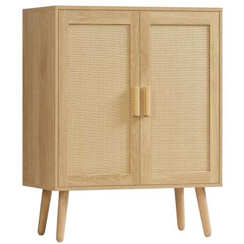 Storage Cabinet with 2 Shelves, Rattan Cabinet with 2 Doors, Sideboard Buffet Cabinets with Storage for Living Room, Dining Room, Entryway, Natural