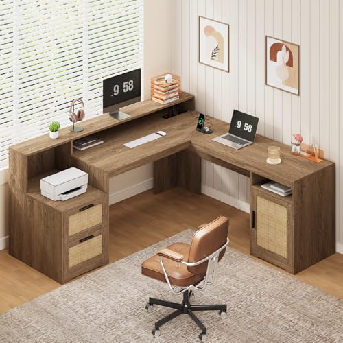 63" Rattan L Shaped Desk with Drawers & Printer Shelf for Home Office, view 2