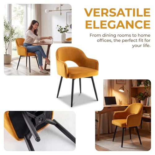Swivel Dining Chair Set of 4, Velvet Upholstered Side Chair Modern Accent Guest Chair Home Office Desk Chair with No Wheels for Dining Room Living Room Office, Yellow