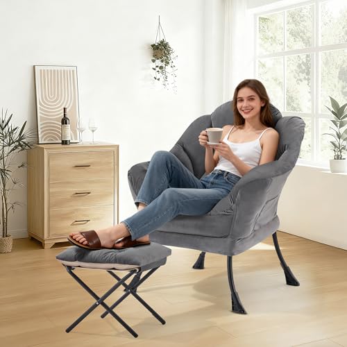 Lazy Chair with Ottoman, Modern Accent Lounge Chair with Side Pocket and Armrests, Cozy Reading Armchair with Footrest, Upholstered Sofa Chair for Small Spaces, Bedroom Living Room, Dark Grey