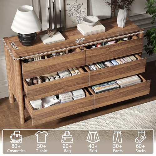 47.2" Wide Walnut 6 Drawer Dresser for Bedroom with Solid Wood Legs, view 8