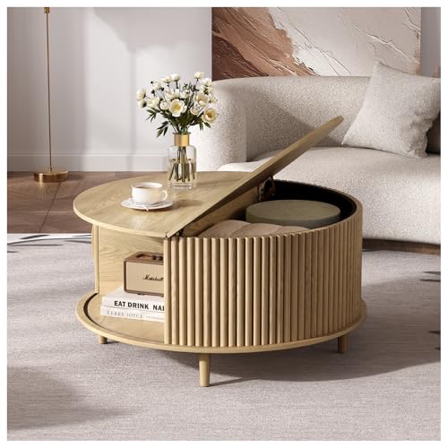 Round Coffee Table with Storage, 31.5" Natural Oak Drum Table for Small Space, Fluted Wood Center Table with Hidden Compartment, Modern Farmhouse Furniture for Living Room Organization