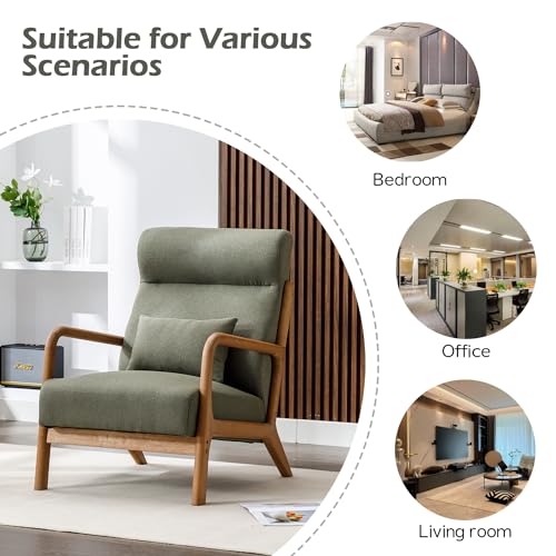 Mid Century Modern Accent Chair with High Back, Upholstered Living Room Chairs with Waist Cushion, Wood Frame Reading Armchair for Bedroom Sunroom, Green